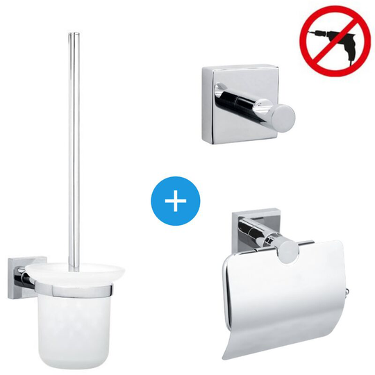 Hukk Set Unwinder with cover + Toilet brush + Towel hook, easy installation without drilling, Chrome (40247-TRIO ) - Tesa