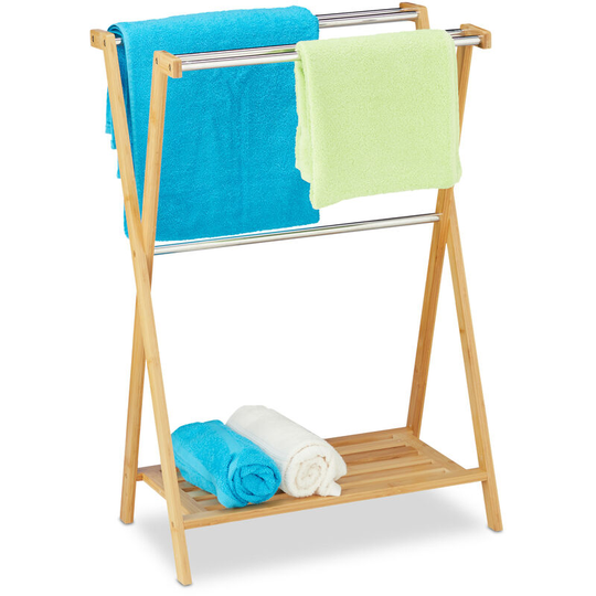 Free-Standing Bamboo Towel Holder, HxWxD: 87 x 58.5 x 36 cm, 5 Rails and 1 Shelf, Clothes Stand, Natural - Relaxdays
