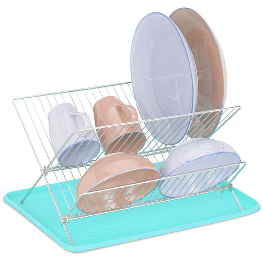 Relaxdays - Dish Drainer with Drip Tray, Folding Drying Rack, Metal & Plastic, HxWxD 24 x 42 x 32 cm, Blue