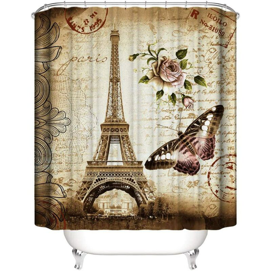 1 Piece Waterproof Shower Curtain Polyester Butterfly Tower Decorative Pattern Bathroom Bathtub with Hook Mildew Resistant Washable 180*200cm