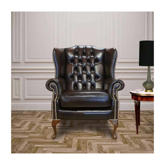 Chesterfield Mallory Flat Wing Queen Anne High Back Wing Chair UK Manufactured Antique Brown Brass Studs