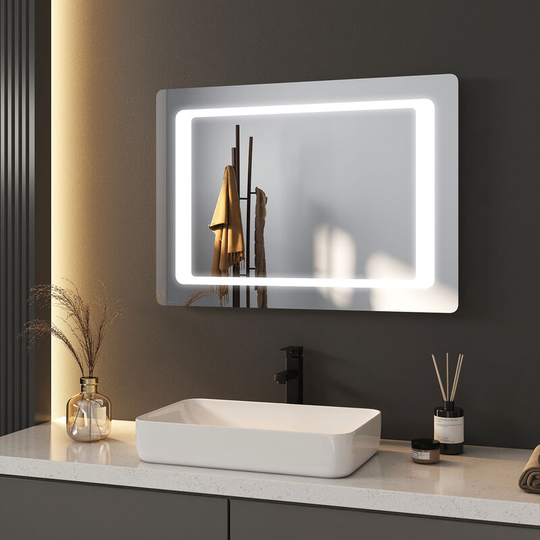 Illuminated Bathroom Mirror 70x50cm Wall-Mounted Cool White Light led Vanity Mirror with Demister, Touch & Shaver socket - 70x50x3.5cm | Touch +