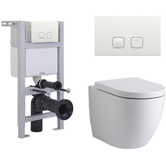 Milano Irwell - White Ceramic Modern Bathroom Wall Hung Round Toilet WC with Short Wall Frame Cistern and Square White Flush Plate