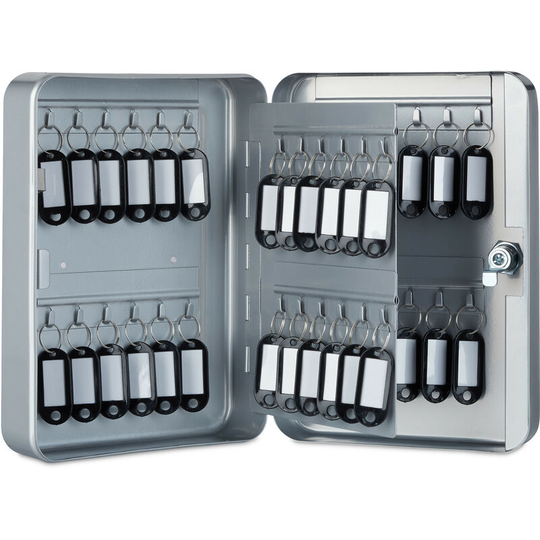Metal Key Cabinet, Lockable, 48 Hooks with Key Tags, hwd 25x18x7.5 cm, Grey - Relaxdays