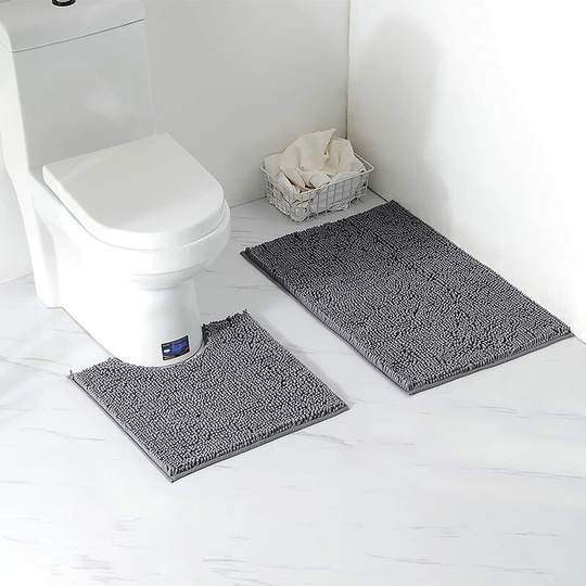 Perleraregb - 2 Piece Bath Mat / Toilet Mats Set, Soft Absorbent Thick Chenille Non-Slip Toilet Mat for Bathroom / wc, Machine Washable (Dark Gray)