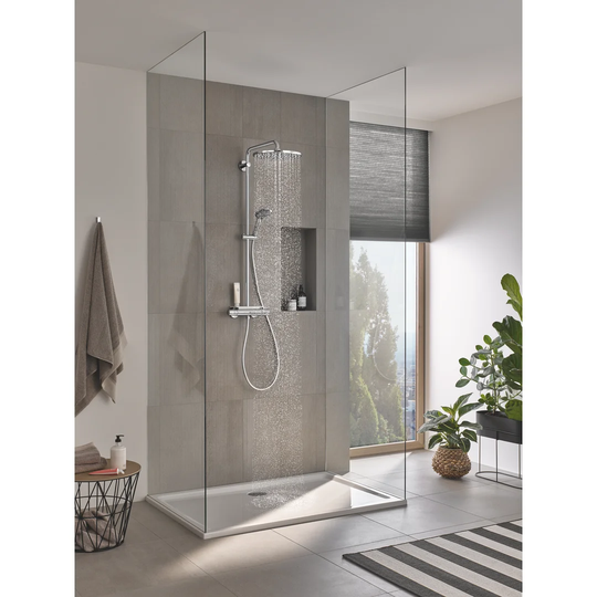 GROHE Vitalio Joy 310, Cool touch thermostatic mixer with Rain Shower and EasyReach toiletries tray, 110mm 3 spray hand shower with easy clean nozzles