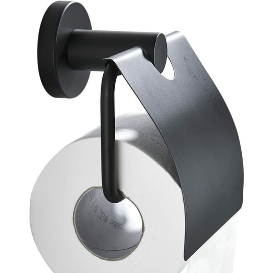 Black Round Base Matte Black Toilet Roll Holder with Flap Toilet Tissue Dispenser Toilet Paper Holder with Wall Cover 304 Stainless Steel for Toilet