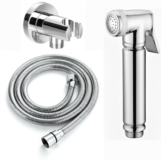 Enki - EO022, Modern Brass Handset Spray Bidet Shattaf Rinse Douche with Wall Shower Outlet and Bracket - Chrome