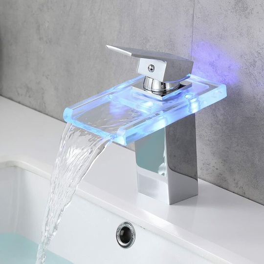 Bathroom Faucet with LED Waterfall, Single Handle Bathroom Faucet, Sink Faucet with 3 Changing Lights, Sink Faucet, Arm, Chrome
