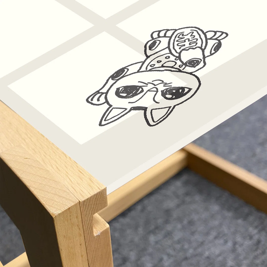 Japanese Cat Coffee Table, Doodled Maneki Neko Cat Fortune Simple Design, Acrylic Glass Center Table With Wooden Frame For Offices Dorms Eggshell And
