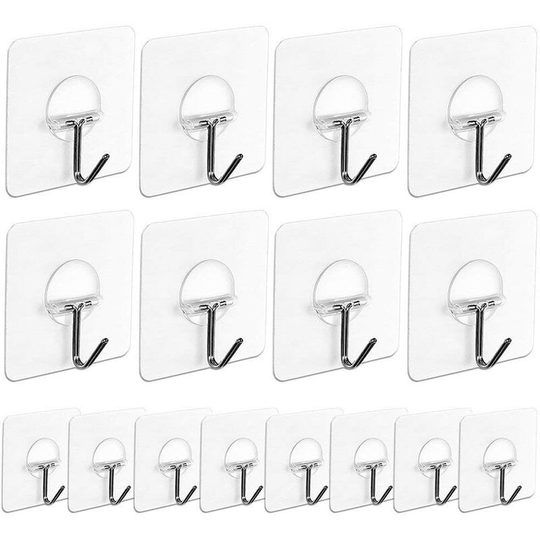 Clear Adhesive Wall Hooks (7.2cm x 7.2cm) for Home Bathroom, Kitchen, Door from Wall to Ceiling, 22pound / 10kg - Set of 16 - Litzee