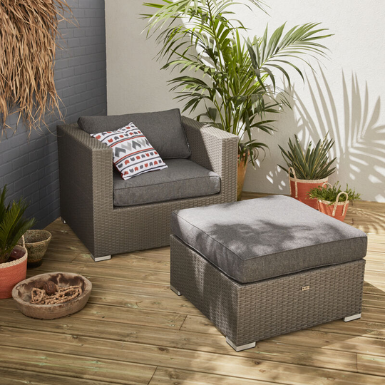 Garden sofa sets - armchair and footstool in rattan - Grey, grey cushions - Grey