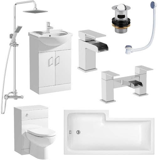 Amelie Bathroom Suite with L Shape Bath Taps Shower Screen & Vanity Unit Right Hand 1600mm