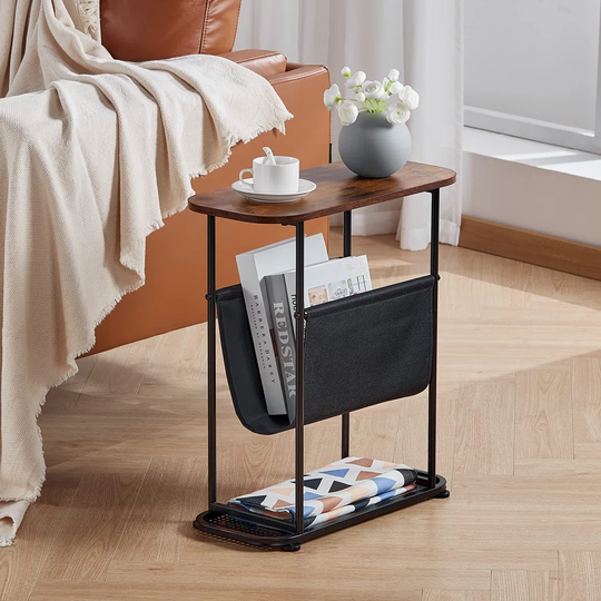 Vintage Narrow Side Table With Fabric Magazine Holder Sling,Industrial Side Table Nightstand Modern Slim End Table Sofa Table For Narrow And Space Sav