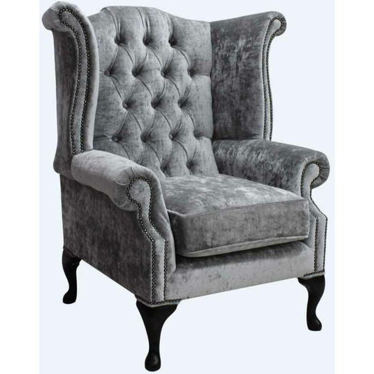 Chesterfield Queen Anne High Back Wing Chair Modena Silver Velvet