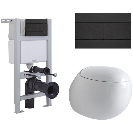 Milano - Mellor - White Ceramic Modern Bathroom Wall Hung Round Toilet wc with Short Wall Frame Cistern and Black Flush Plate
