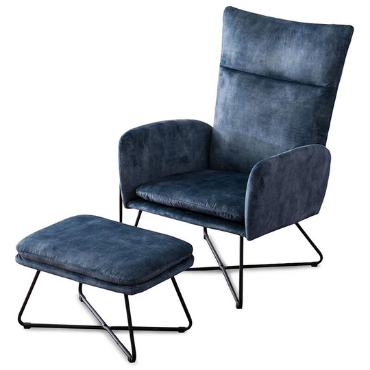 Ingrid Antique Velvet Occasional Large Lounge Accent Chair Living Room Armchair Blue with Footstool - Blue with Footstool