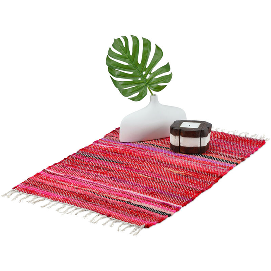 Flatweave rug, made of cotton, anti-slip, runner with tassels, floor rug, size 60 x 90 cm, shades of red - Relaxdays