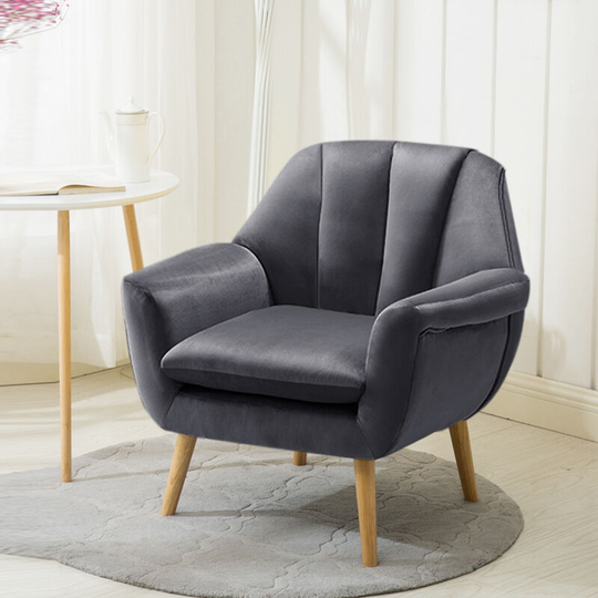 Scalloped Back Velvet Soft Armchair,Grey - Livingandhome