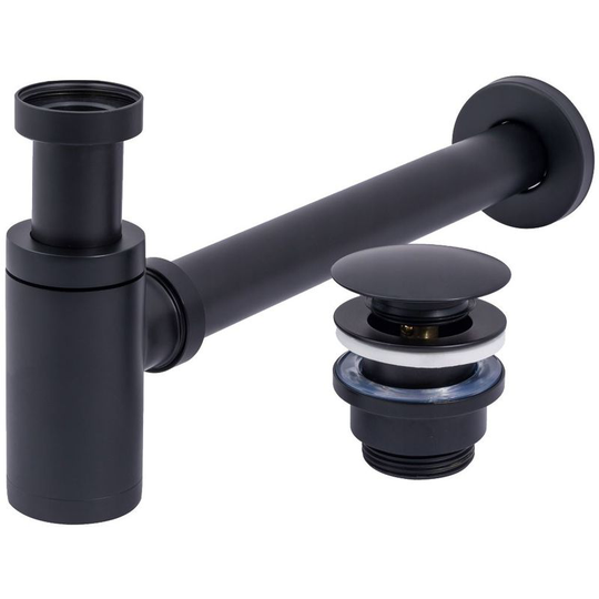 REA - Universal Black Powder Coated Waste Bottle Basin Trap + Click-Clack Sink Drain