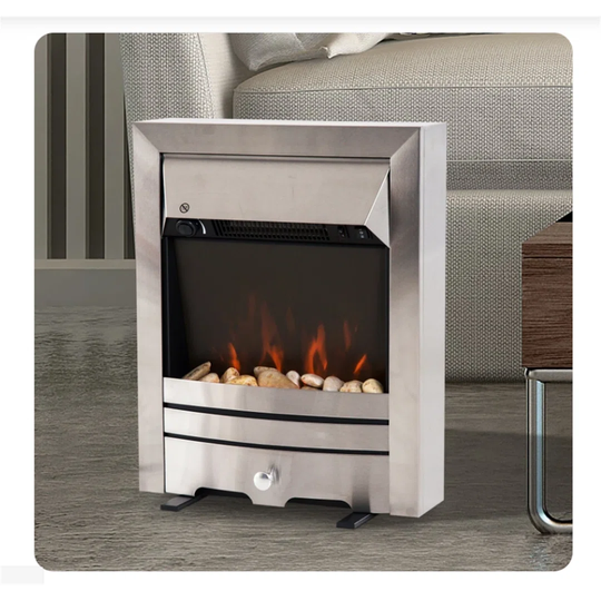2000W Electric Fireplace Pebble Burning Effect Heater Fire Flame Indoor Stove LED Lighting - Stainless Steel
