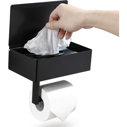 Matte Black Designer Toilet Paper Holder with Shelves, Disposable Wipes Dispenser and Bathroom Storage - Keep Your Wipes Out of Sight - Wall Mounted