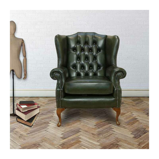 Designersofas4u - Chesterfield Mallory Flat Wing Queen Anne High Back Wing Chair uk Manufactured Antique Green