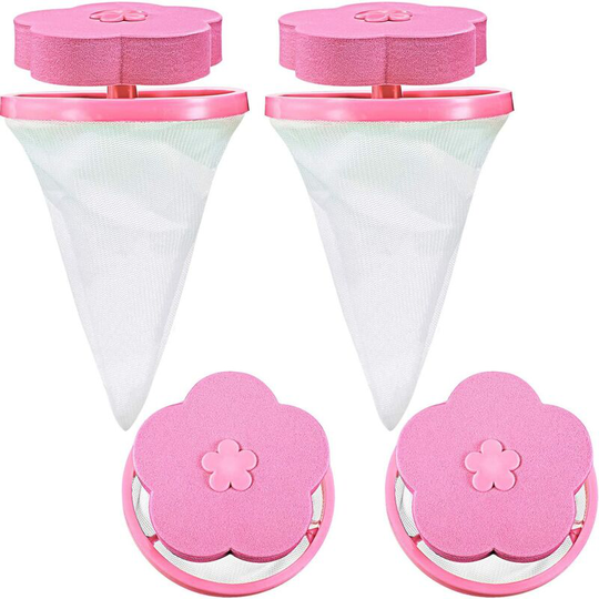 Household Reusable Washing Machine Fluffy Mesh Bag Hair Filter Mesh Bag, 4 Pieces (Pink)