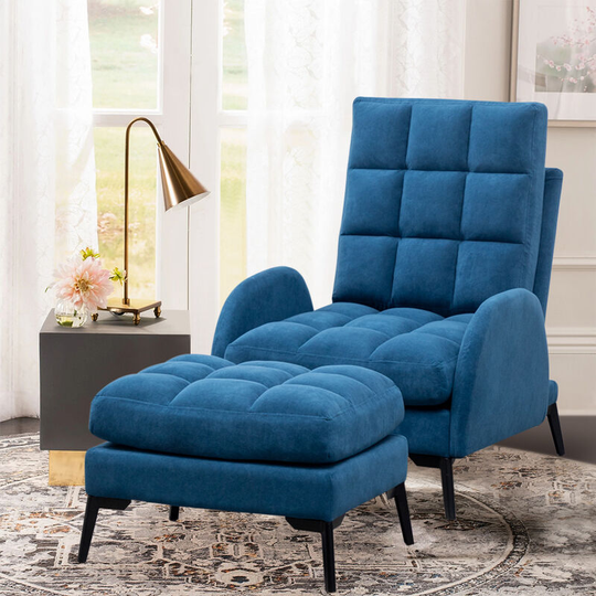 Frosted Velvet Recliner Armchair with Thickened Footstool, Blue - Livingandhome