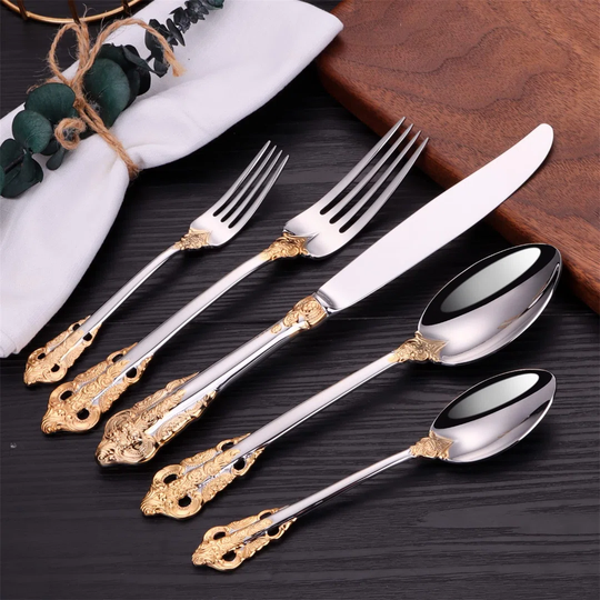 Part Gold 5 Piece Cutlery Set Vintage Flatware Stainless Steel Spoon Fork Knife Silverware Set Dishwasher Safe Tableware In A Gift Box