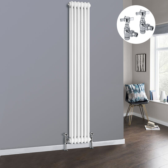 White 2 Column Traditional Cast Iron Style Radiator with Chrome Angled Cross Head Manual Valves Vertical 1800x290mm