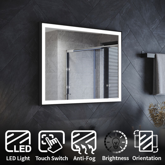 Elegant - 800 x 600 mm Bathroom Mirror with led Light, Demister Pad, Hook, Adjustable Brightness, Black Aluminium Frame Wall Mounted Vanity