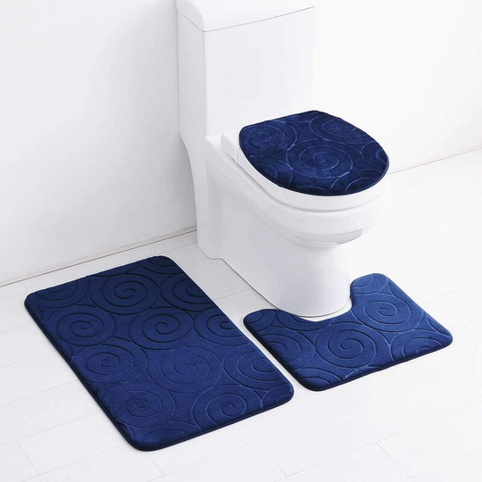 Bathroom Mat Pure Color 3Pcs Bath Mat Non-Slip and Absorbent Soft Mat & Cover Toilet Lid Set Washable (Blue)