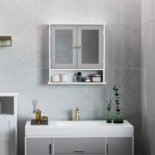 Bathroom Mirror Cabinet, Wall-Mounted Storage Organizer With Double Doors