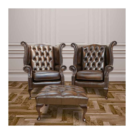 Chesterfield Offer | Pair of Antique Brown Queen Anne High Back Wing Chair + Footstool
