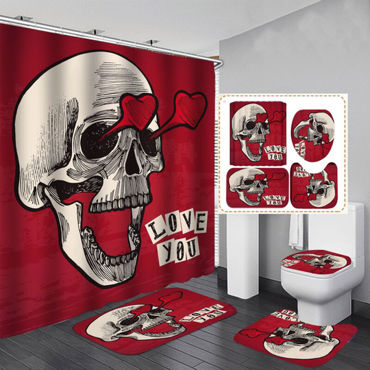 Heart Shaped Skull Halloween Shower Curtain Sets, Halloween Bathroom Decorations Set 180 x 180cm - Shower Curtain with Mat, Toilet Lid Cover, Bath