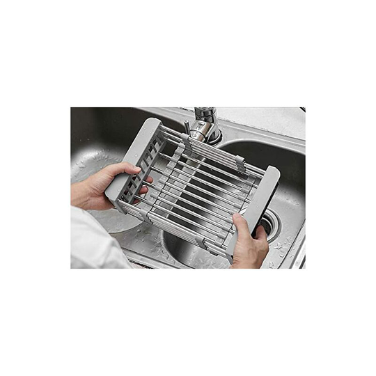 Stainless Steel Retractable Drain Basket for Sink, Dish Drainer Kitchen Shelf, Dish Dryer with Non-slip Plastic Rim
