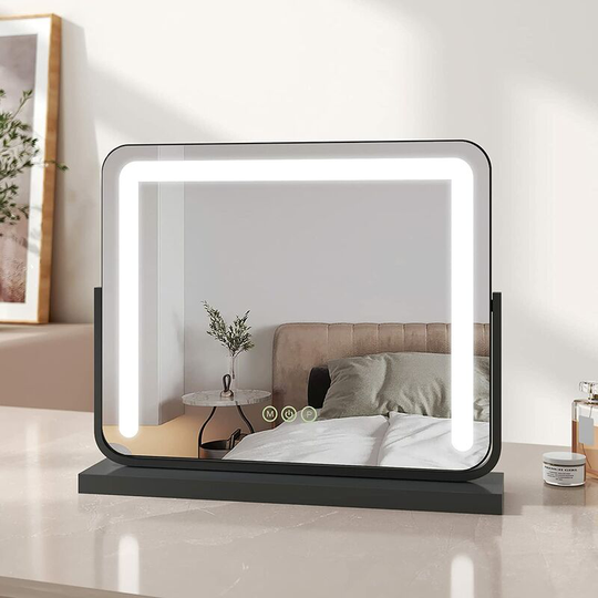 Emke - Hollywood Vanity Mirror with Lights, Large Round Corner Tabletop Makeup Mirror with Dimmable, Smart Touch Screen, Hollywood Mirror with 360°