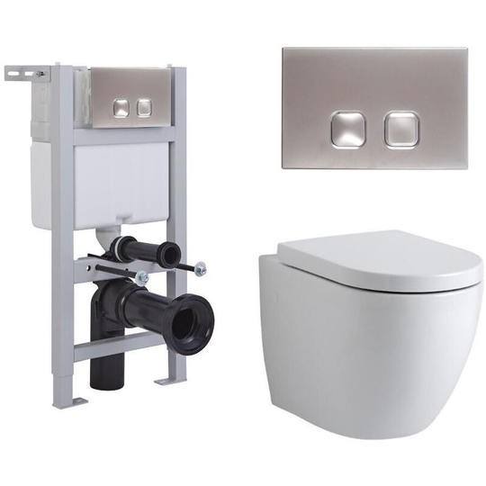 Milano - Irwell - White Ceramic Modern Bathroom Wall Hung Round Toilet wc with Short Wall Frame Cistern and Square Chrome Flush Plate