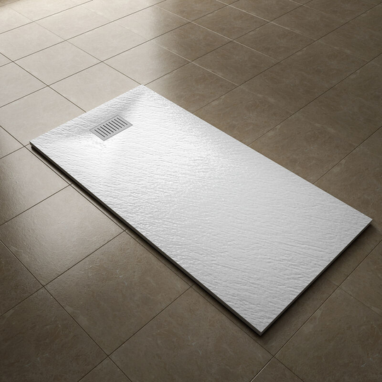 1600x800mm Slip-Resistance Shower Tray White Slate Effect Square Shower Enclosure Base with Waste Trap and Stainless Steel Drain Cover b - Elegant