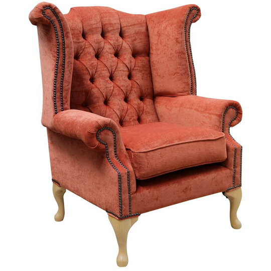 Chesterfield Fabric Queen Anne High Back Wing Chair Pimlico Copper