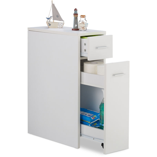 Slide-Out Storage Cabinet, Bathroom & Kitchen, 2 Drawers, Narrow Trolley, Space-Saver, hwd 61.5x20x45cm, White - Relaxdays