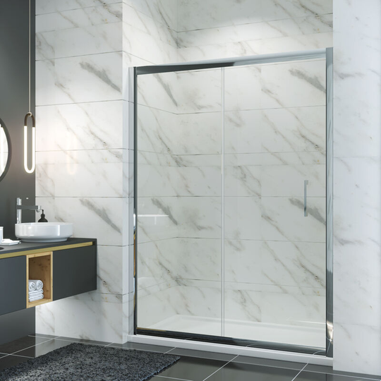 1400mm Sliding Wet Room Walk in Glass Cubicle 8mm Nano Coated Bathroom Door with Shower Base Tray 1400x800mm and Waste Trap - Elegant