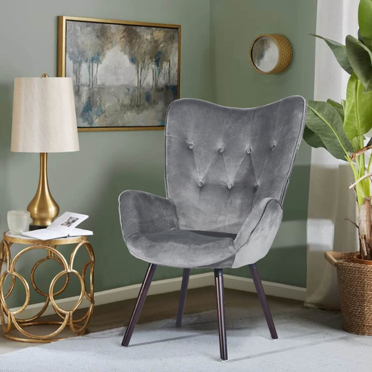 Urbanmeuble - Lounge chair with armrests, with pine wood legs, velvet padding and folding buttons, gray color (gray velvet)