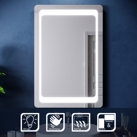 900 x 600mm led Illuminated Bathroom Mirror with Light Sensor + Demister, Frontlit - Elegant