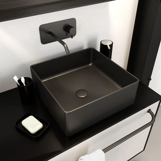 Murphey Black Ceramic Square Bathroom Sink with Faucet and Overflow