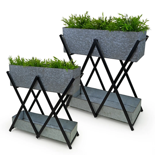 Planter boxes, metal, set of 2, on black stands, with 2 planters, LWH 1) 63 x 28.5 x 71cm 2) 58 x 21 x 60cm, VE 1 EP15