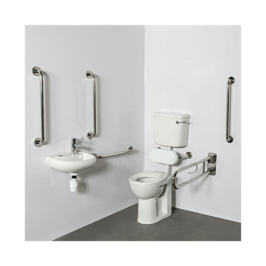NymaPRO Low Level Doc m Toilet Pack with Stainless Steel Grab Rails and TMV3 Valve - Polished - Nymas