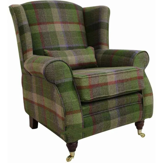 Arnold Wool Tweed Wing Chair Fireside High Back Armchair Malham Lime Check Wool