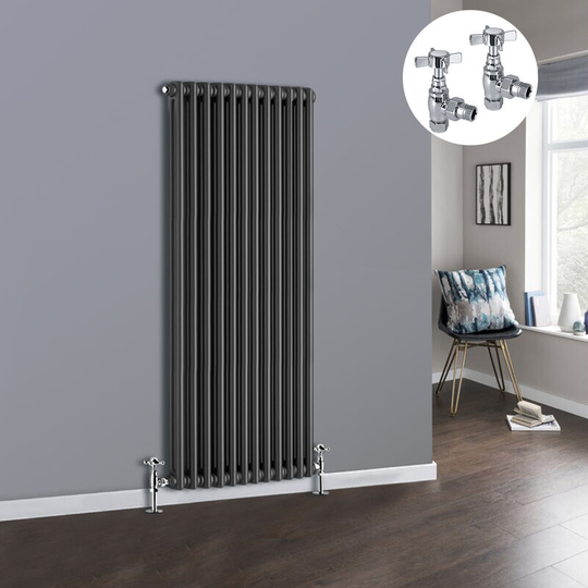 NRG - Anthracite 2 Column Traditional Cast Iron Style Radiator with Chrome Angled Cross Head Manual Valves Vertical 1500x560mm